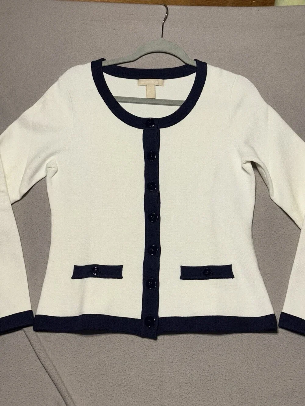 Banana Republic Women's Cardigan Sweater M White W/ Navy Trim Long Sleeves